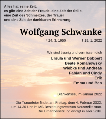 Traueranzeige von Wolfgang Schwanke von Strelitzer Zeitung