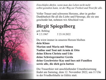 Traueranzeige von Birgit Spiegelberg von Der Prignitzer