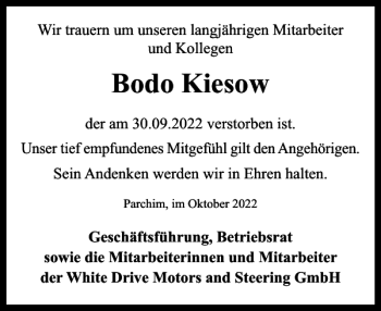 Traueranzeige von Bodo Kiesow von Parchimer Zeitung