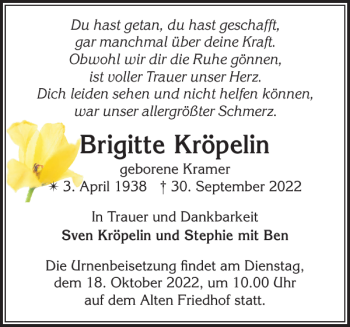 Traueranzeige von Brigitte Kröpelin von Zeitung für die Landeshauptstadt