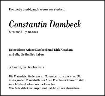 Traueranzeige von Constantin Dambeck von Zeitung für die Landeshauptstadt