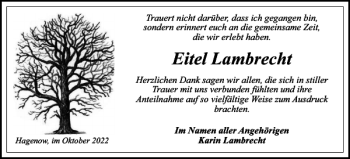 Traueranzeige von Eitel Lambrecht von Hagenower Kreisblatt