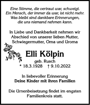 Traueranzeige von Elli Kölpin von Bützower Zeitung