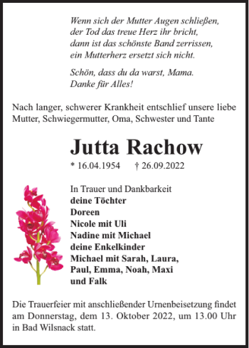 Traueranzeige von Jutta Rachow von Der Prignitzer