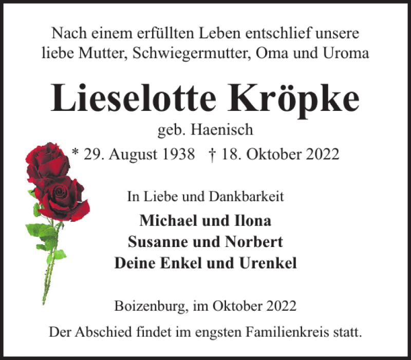  Traueranzeige für Lieselotte Kröpke vom 29.10.2022 aus Hagenower Kreisblatt