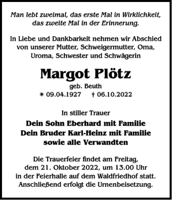 Traueranzeige von Margot Plötz von Zeitung für die Landeshauptstadt