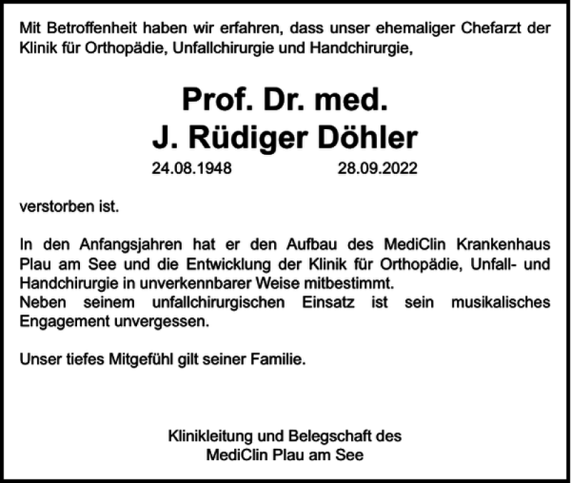  Traueranzeige für Prof. Dr. med. J. Rüdiger Döhler  vom 11.10.2022 aus Zeitung für Lübz - Goldberg - Plau