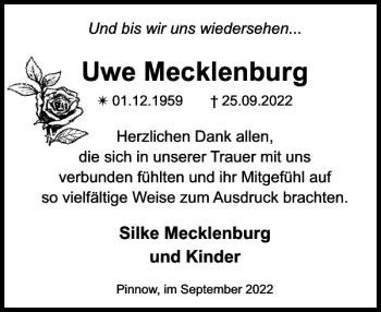 Traueranzeige von Uwe Mecklenburg von Zeitung für die Landeshauptstadt