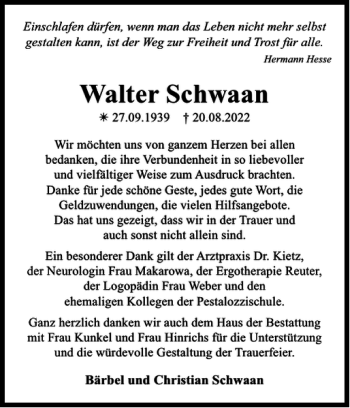 Traueranzeige von Walter Schwaan von Parchimer Zeitung