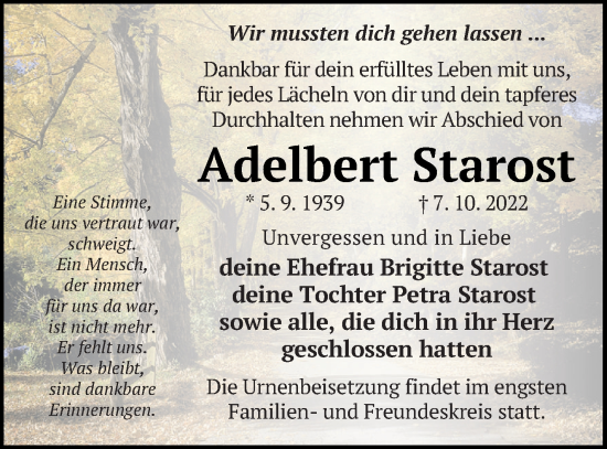 Traueranzeige von Adelbert Starost von Haff-Zeitung