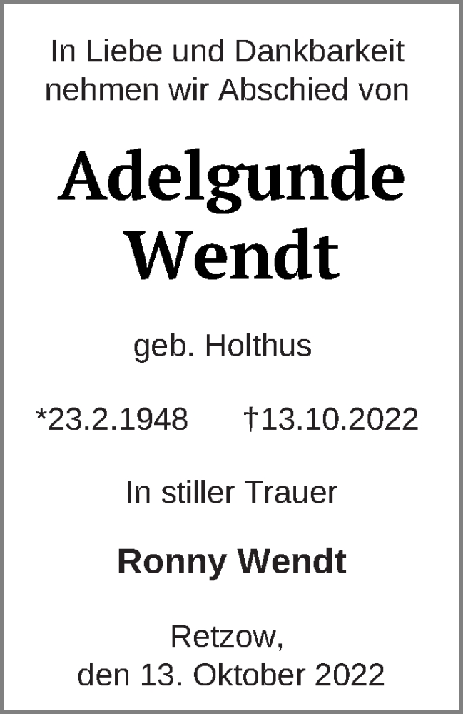  Traueranzeige für Adelgunde Wendt vom 19.10.2022 aus Mecklenburger Schweiz