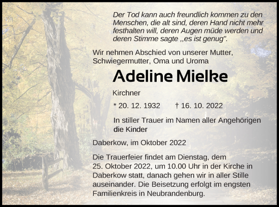 Traueranzeige von Adeline Mielke von Demminer Zeitung