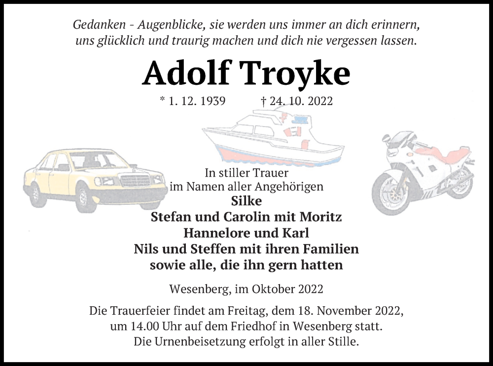  Traueranzeige für Adolf Troyke vom 28.10.2022 aus Strelitzer Zeitung