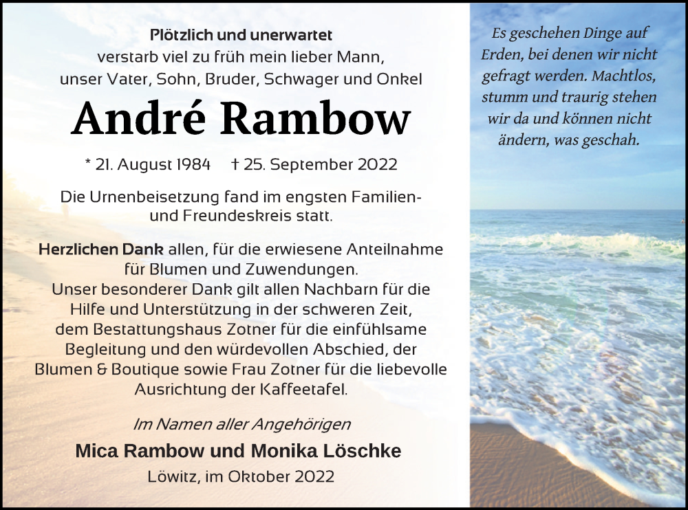  Traueranzeige für André Rambow vom 15.10.2022 aus Vorpommern Kurier