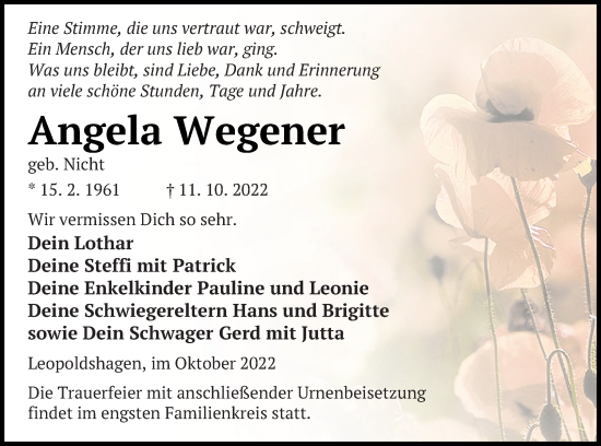 Traueranzeige von Angela Wegener von Haff-Zeitung