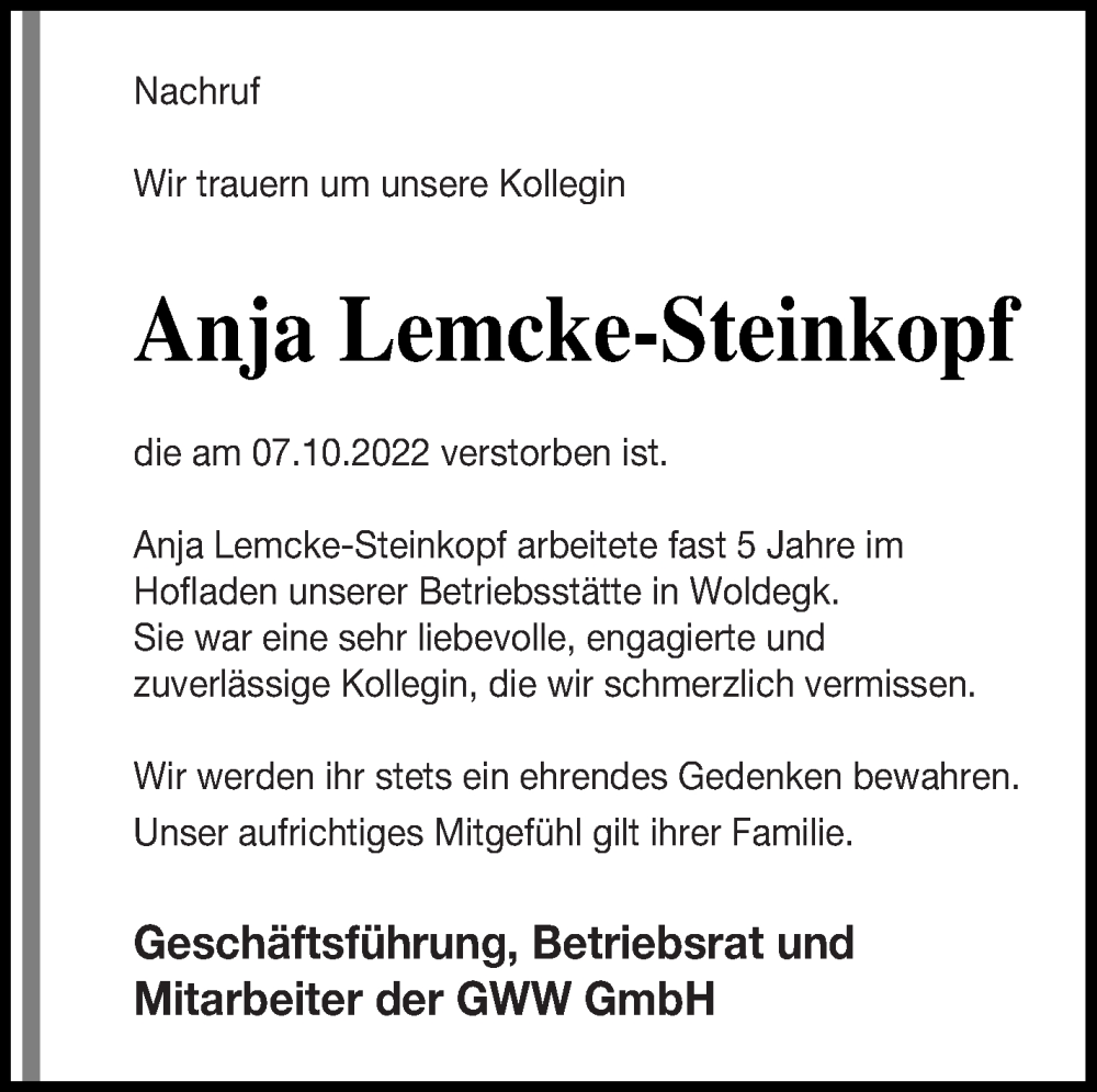  Traueranzeige für Anja Lemcke-Steinkopf vom 27.10.2022 aus Haff-Zeitung