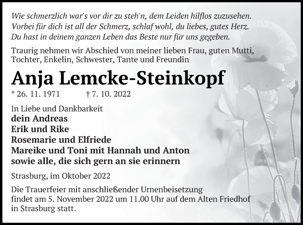  Traueranzeige für Anja Lemcke-Steinkopf vom 22.10.2022 aus Pasewalker Zeitung