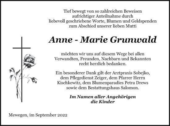 Traueranzeige von Anne-Marie Grunwald von Pasewalker Zeitung