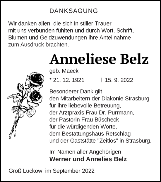 Traueranzeige von Anneliese Belz von Pasewalker Zeitung