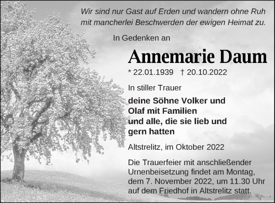 Traueranzeige von Annemarie Daum von Strelitzer Zeitung