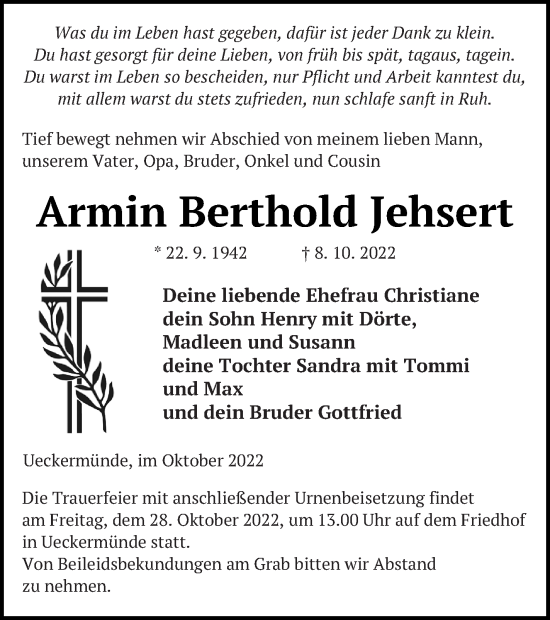 Traueranzeige von Armin Berthold Jehsert von Haff-Zeitung