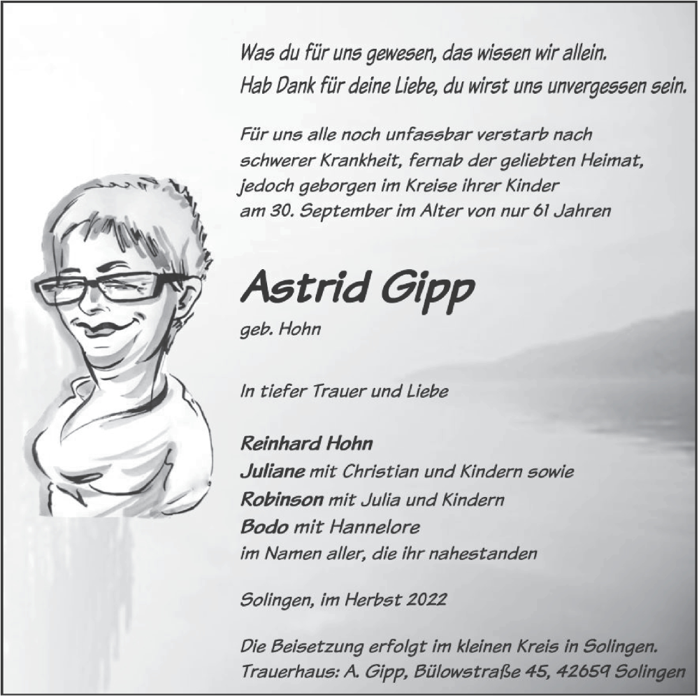  Traueranzeige für Astrid Gipp vom 15.10.2022 aus Neubrandenburger Zeitung