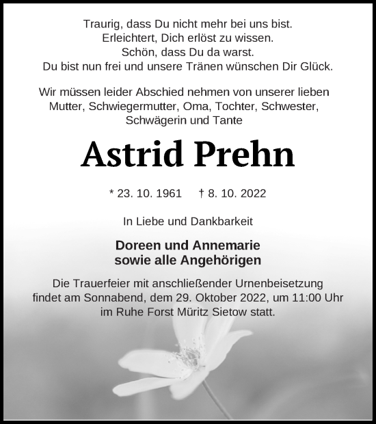 Traueranzeige von Astrid Prehn von Müritz-Zeitung