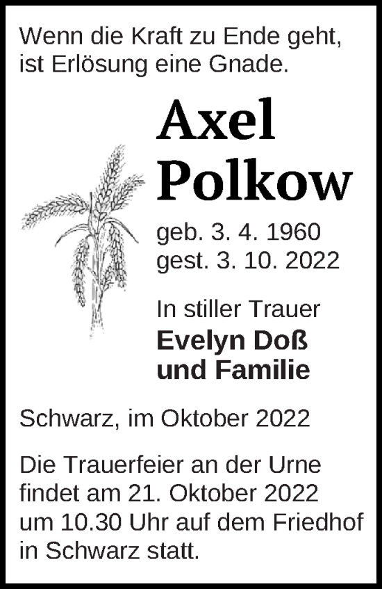 Traueranzeige von Axel Polkow von Strelitzer Zeitung