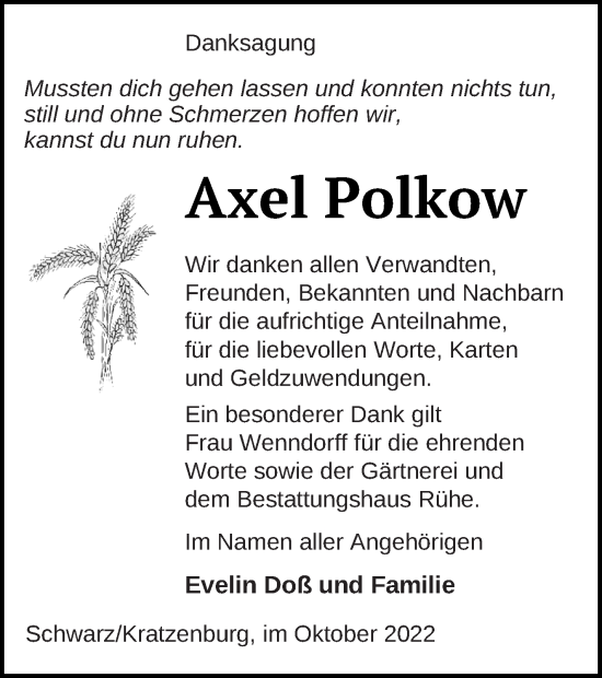 Traueranzeige von Axel Polkow von Strelitzer Zeitung