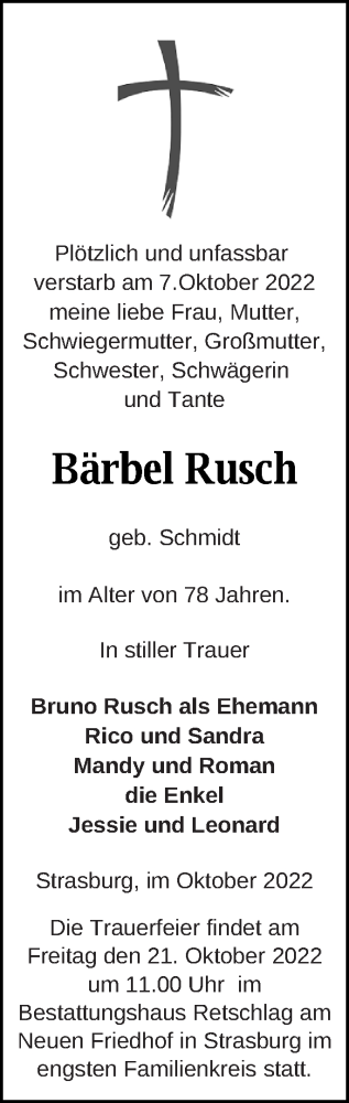 Traueranzeige von Bärbel Rusch von Pasewalker Zeitung