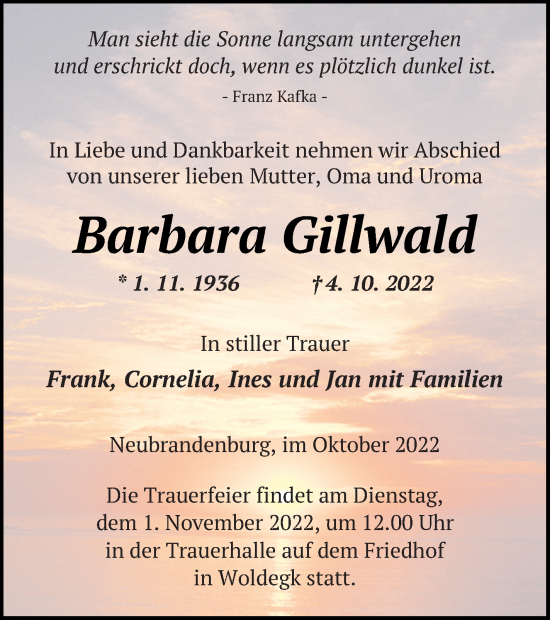 Traueranzeige von Barbara Gillwald von Neubrandenburger Zeitung