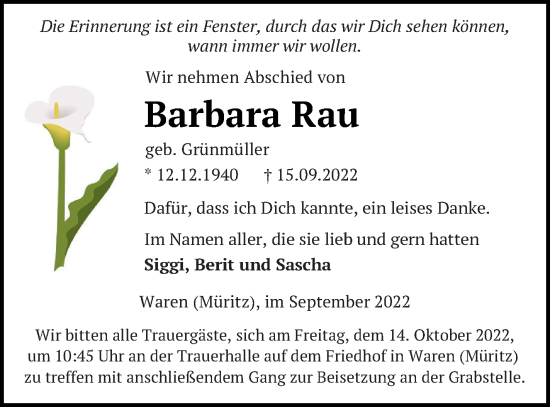 Traueranzeige von Barbara Rau von Müritz-Zeitung