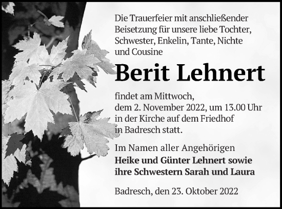 Traueranzeige von Berit Lehnert von Neubrandenburger Zeitung