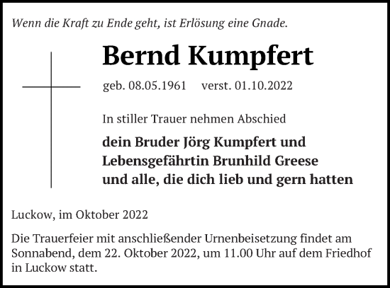 Traueranzeige von Bernd Kumpfert von Haff-Zeitung