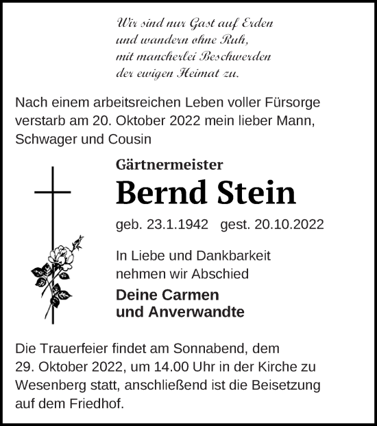 Traueranzeige von Bernd Stein von Strelitzer Zeitung