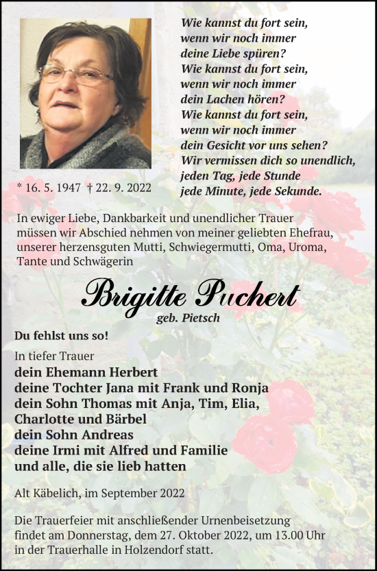 Traueranzeige von Brigitte Puchert von Strelitzer Zeitung