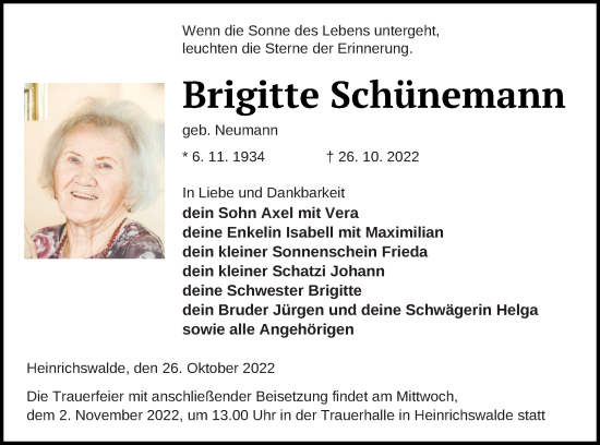 Traueranzeige von Brigitte Schünemann von Haff-Zeitung