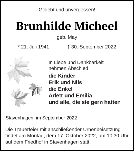 Traueranzeige von Brunhilde Micheel von Mecklenburger Schweiz