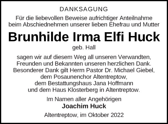 Traueranzeige von Brunhilde Irma Elfi Huck von Neubrandenburger Zeitung