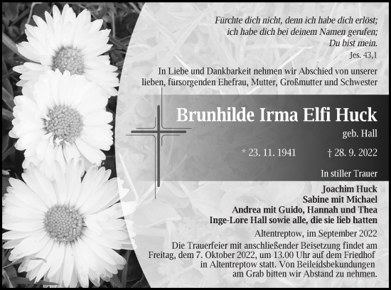 Traueranzeige von Brunhilde Irma Elfi Huck von Neubrandenburger Zeitung