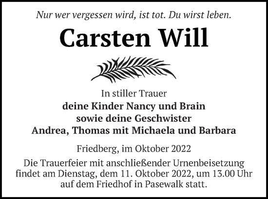 Traueranzeige von Carsten Will von Pasewalker Zeitung