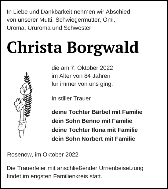 Traueranzeige von Christa Borgwald von Neubrandenburger Zeitung