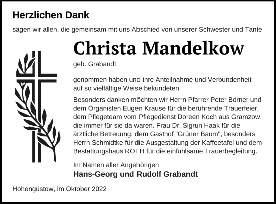 Traueranzeige von Christa Mandelkow von Prenzlauer Zeitung