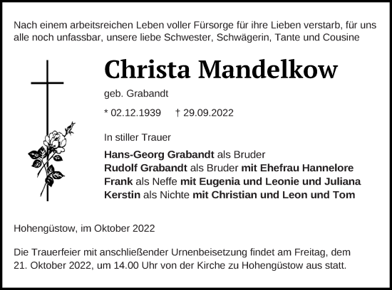 Traueranzeige von Christa Mandelkow von Prenzlauer Zeitung