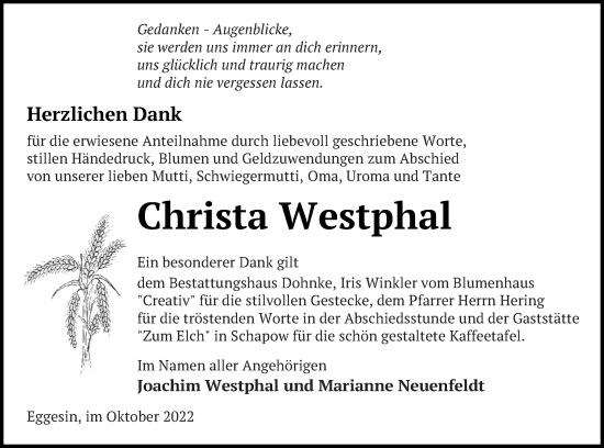 Traueranzeige von Christa Westphal von Haff-Zeitung
