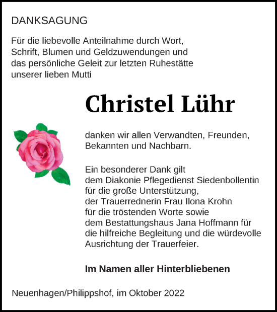 Traueranzeige von Christel Lühr von Neubrandenburger Zeitung