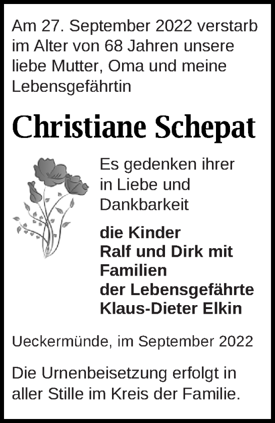 Traueranzeige von Christiane Schepat von Haff-Zeitung