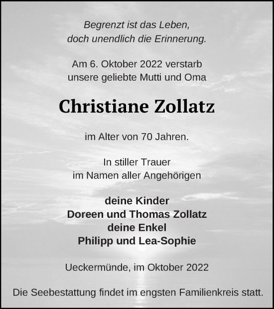Traueranzeige von Christiane Zollatz von Haff-Zeitung