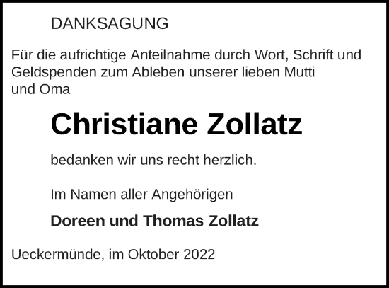 Traueranzeige von Christiane Zollatz von Haff-Zeitung