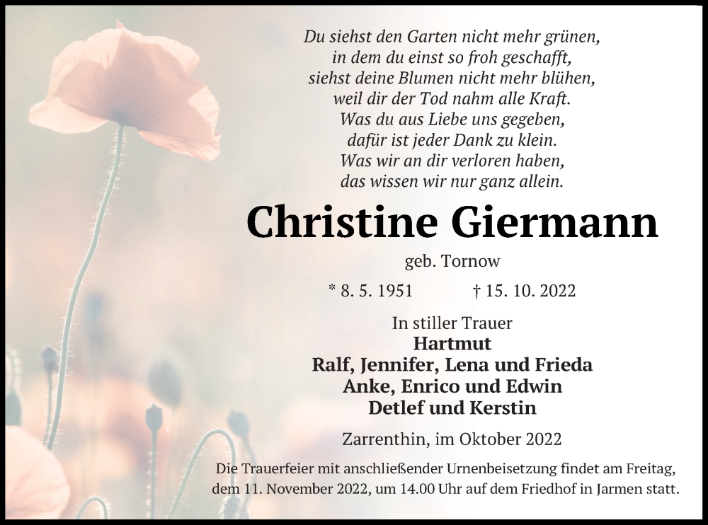  Traueranzeige für Christine Giermann vom 22.10.2022 aus Vorpommern Kurier